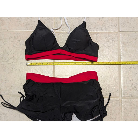 ,Women's Sporty Halter Top Boy Shorts Bikini Swimsuit, M, Black & Red - Picture 3 of 5
